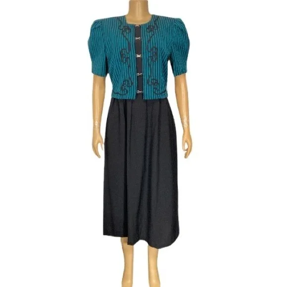 80s Miss Dorby DressTie Back Midi Black Green striped short sleeves size 10 - Picture 15 of 15